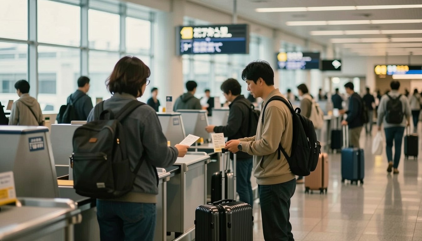 富士山静岡機場出發大廳，旅客喺櫃檯寄存行李