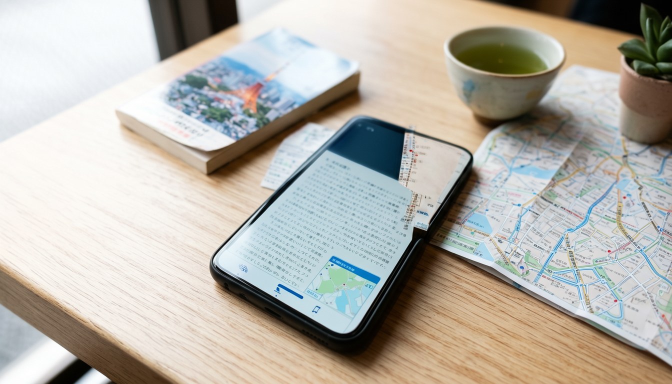 一機喺車廂入面，螢幕顯示日本旅遊指南App，可離線閱讀電子書、連結Google地圖行車