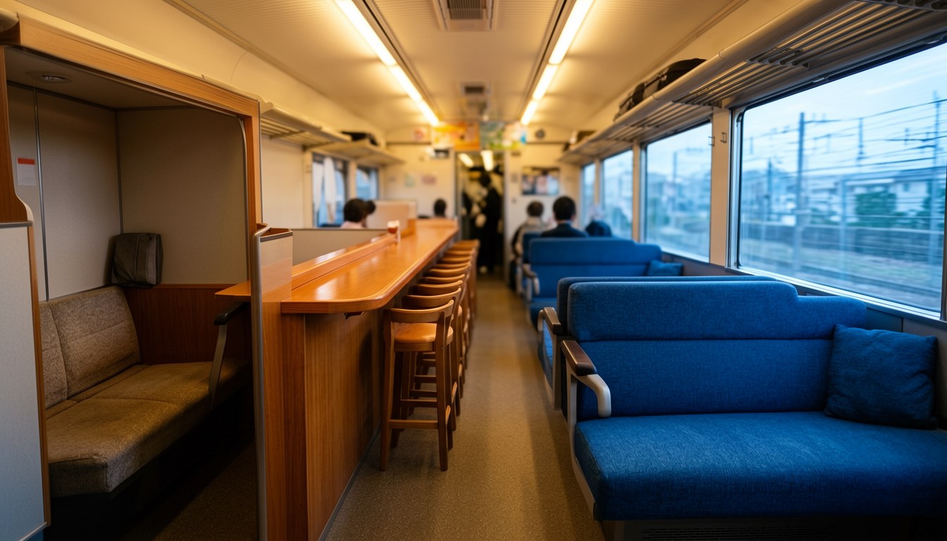 JR 九州特急列車車廂內盒式、櫃枱同沙發座位佈局示意