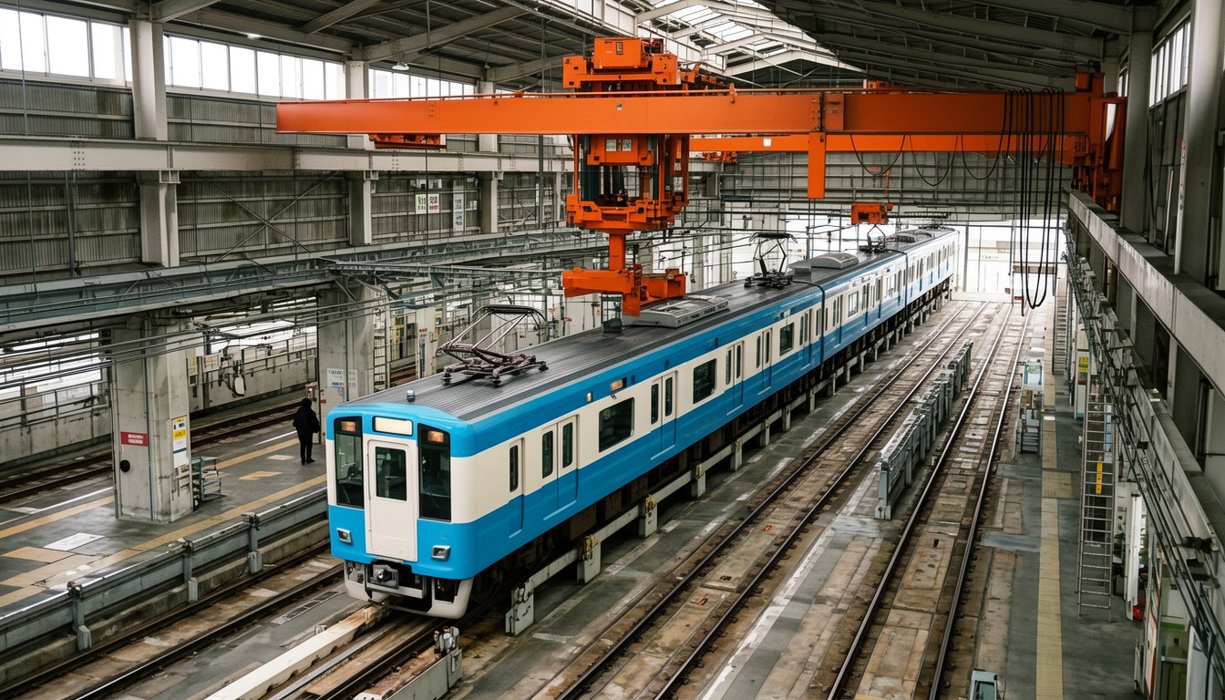 日本鐵道工場入面一排停泊嘅列車,地面設有新界線軌道