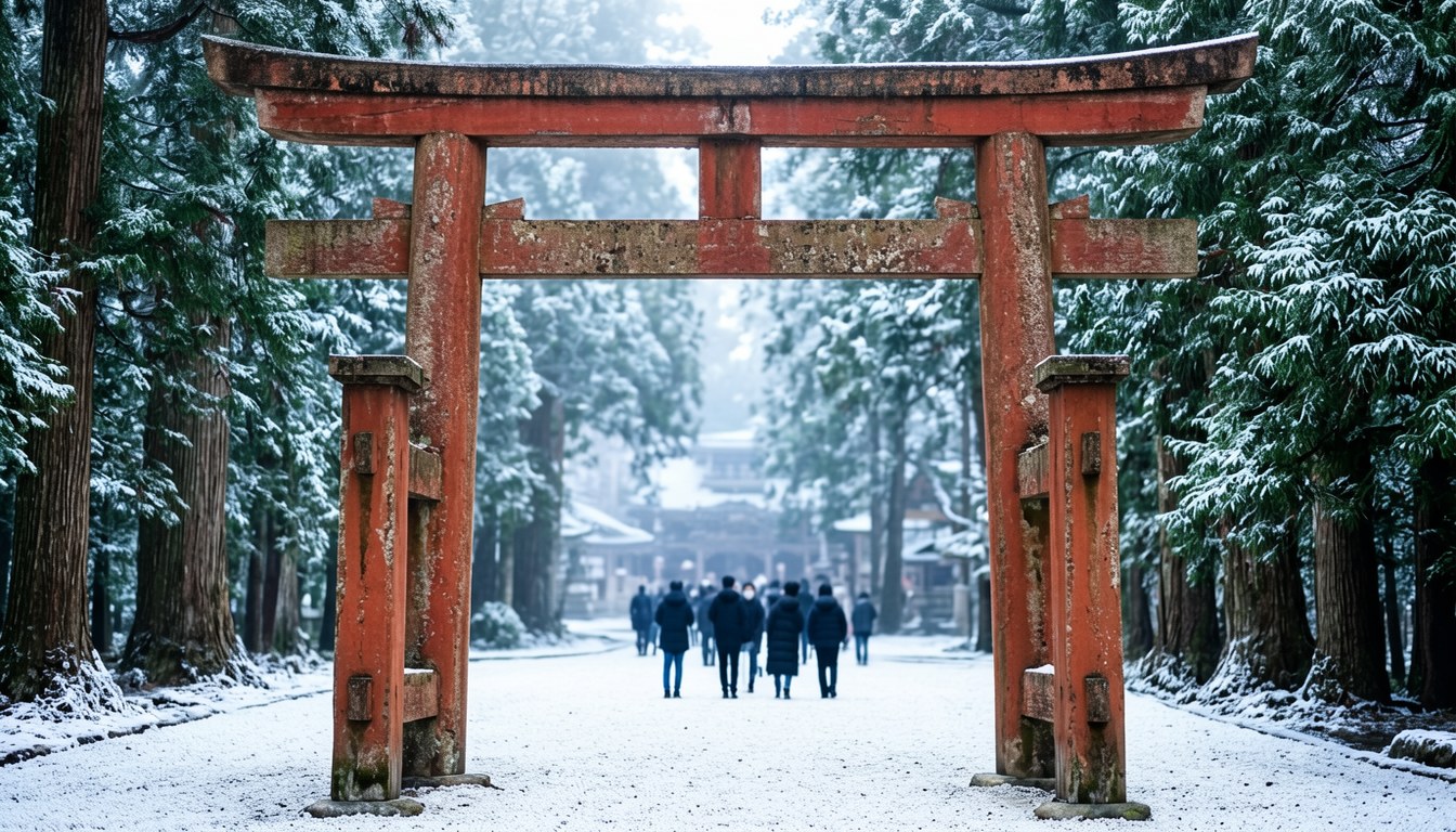 霧鎖冬日中的伊勢神宮內宮，藁葺屋頂與鳥居（示意圖）