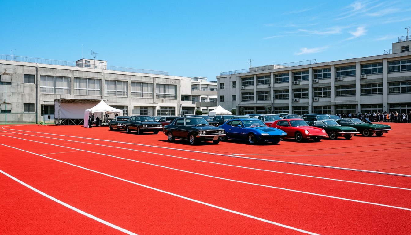 學校操場內排列嘅經典古董車,背景為日式校舍,天空晴朗,無人。