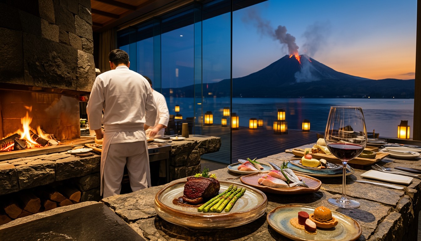 鹿兒島喜來登酒店外景，前景可见樱岛轮廓与暖色灯光