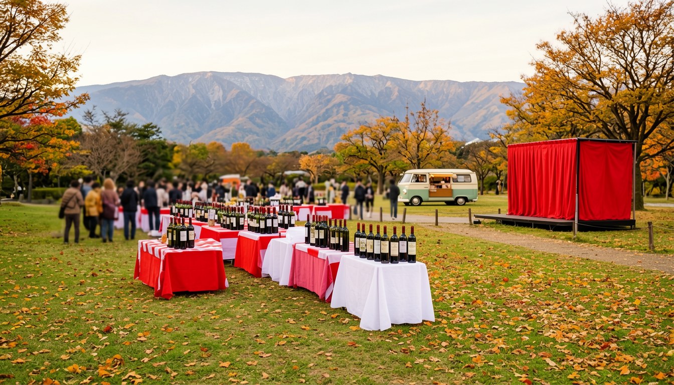 池田町葡萄酒祭於山頂工場公園舉行,背景為北阿爾卑斯山脈