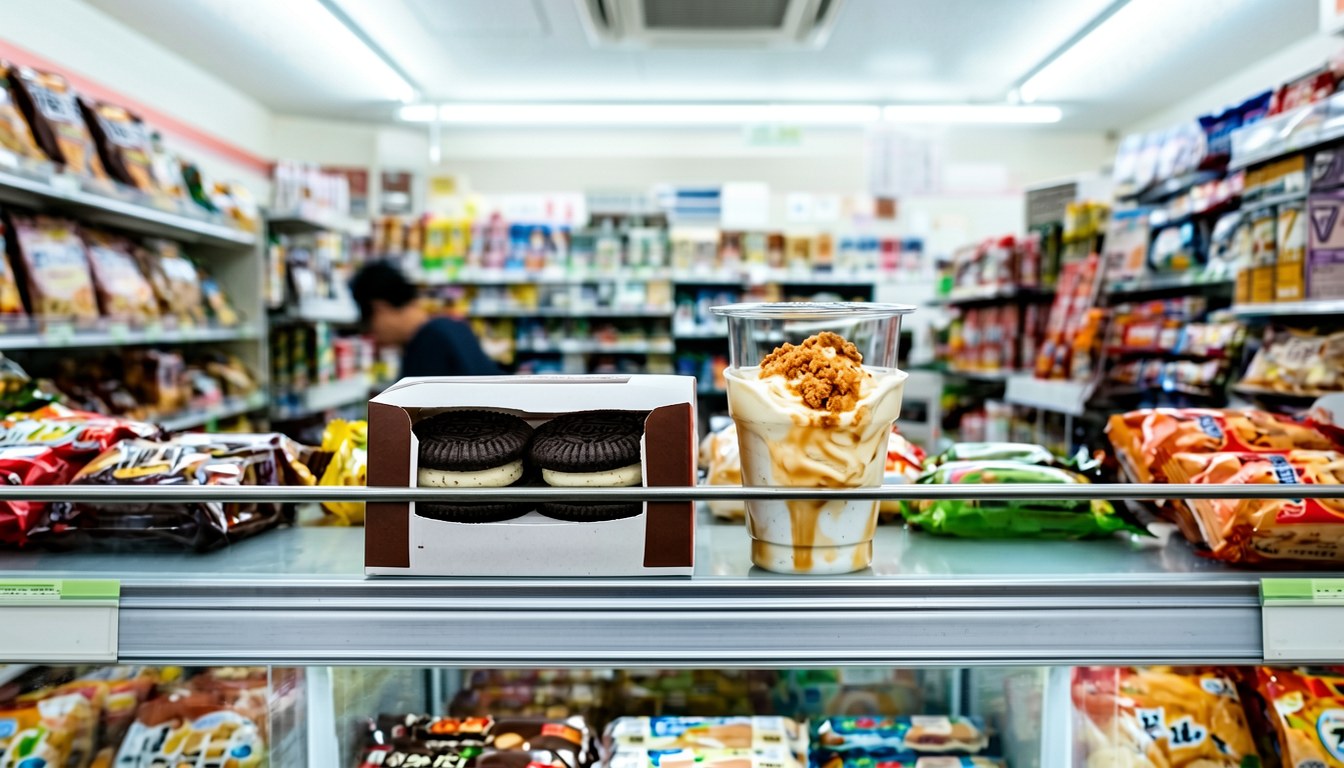 示意圖：日本零售貨架展示嘅兩片裝香草淇淋餅乾同焦糖雪糕杯