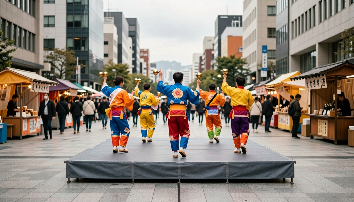 大阪梅田グランフロント大阪前嘅高知家祭現場示意圖，舞台上有跳よさこi嘅舞隊，場內有街路市同品酒攤位。