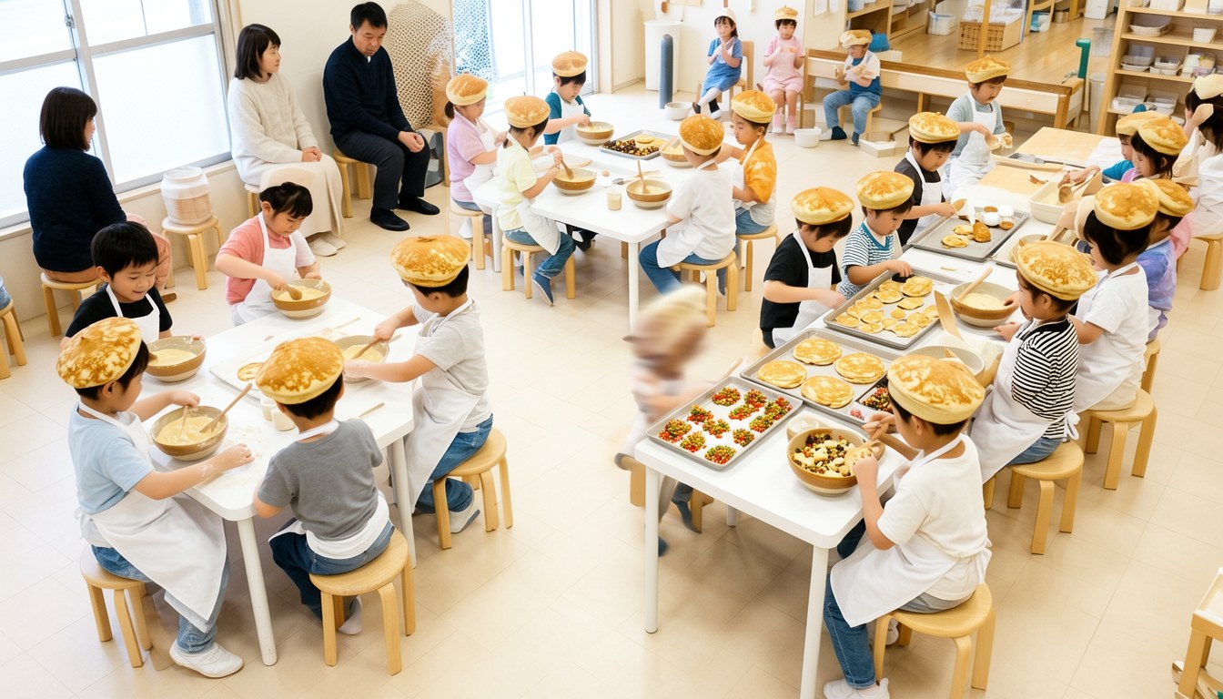 Kandoo大日內，小朋友著熱蛋糕造型帽子同餅干師裝，喺工作台烘熱蛋糕