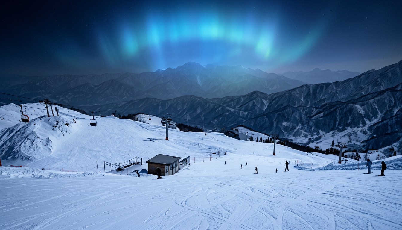 日本長野須坂嘅峰の原高原スキー場（原名 Ninja Snow Highland），雪季時嘅雪嶺全景