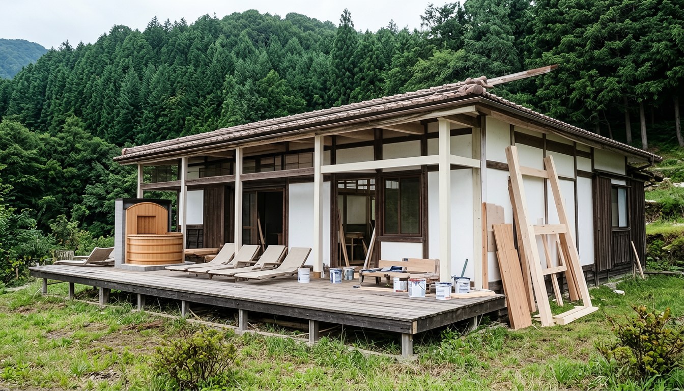 日本長野縣下條村嘅一座古舊木造農家,屋頂覆瓦,周圍有山景,建築有明顯使用痕跡