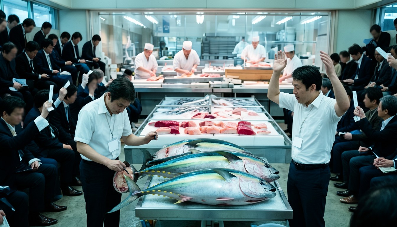塩竃市魚市場早朝競拍場景，仲買人逐條檢查金槍魚
