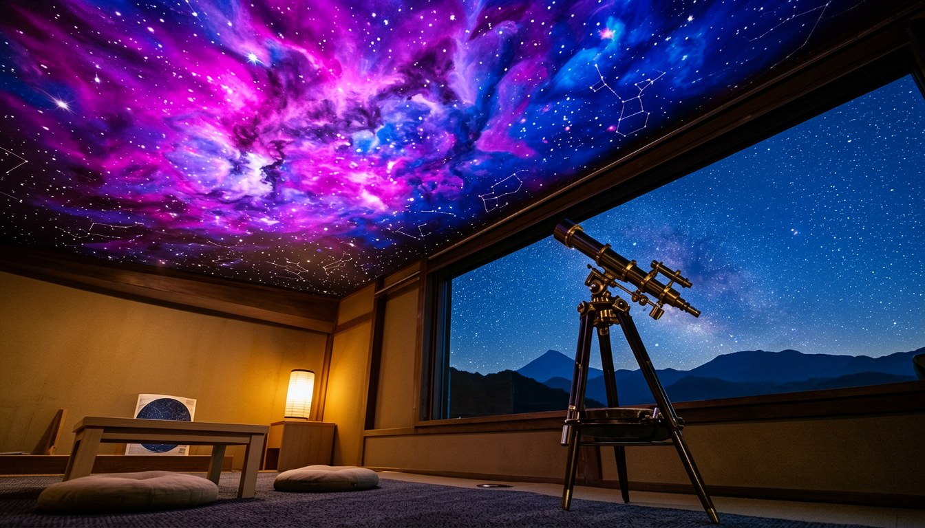 清里高原度假村露台夜景，遠眺群山及星空