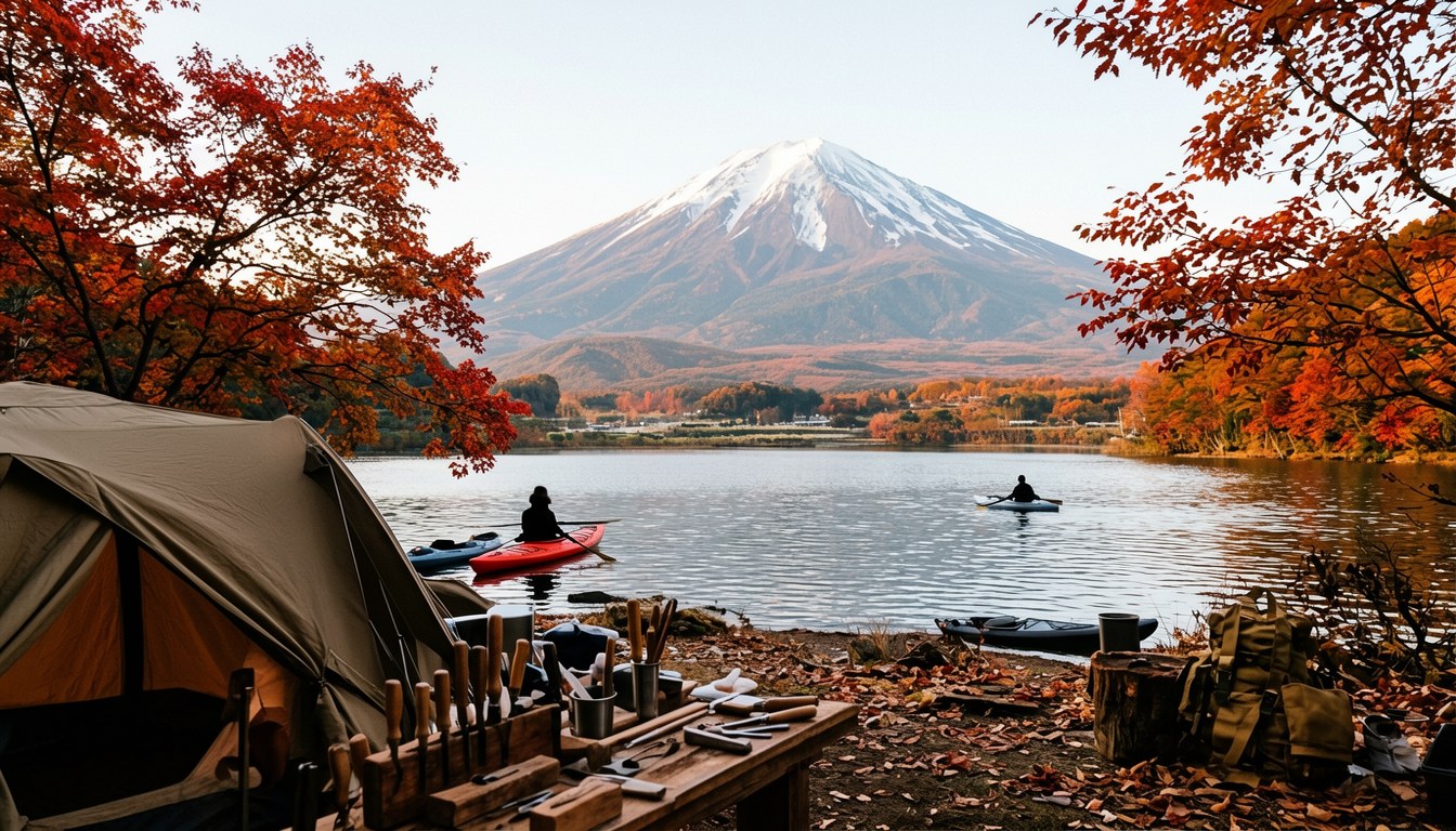富士山麓西湖嘅秋日營地景色，湖面映住富士山，四周樹木染上秋色
