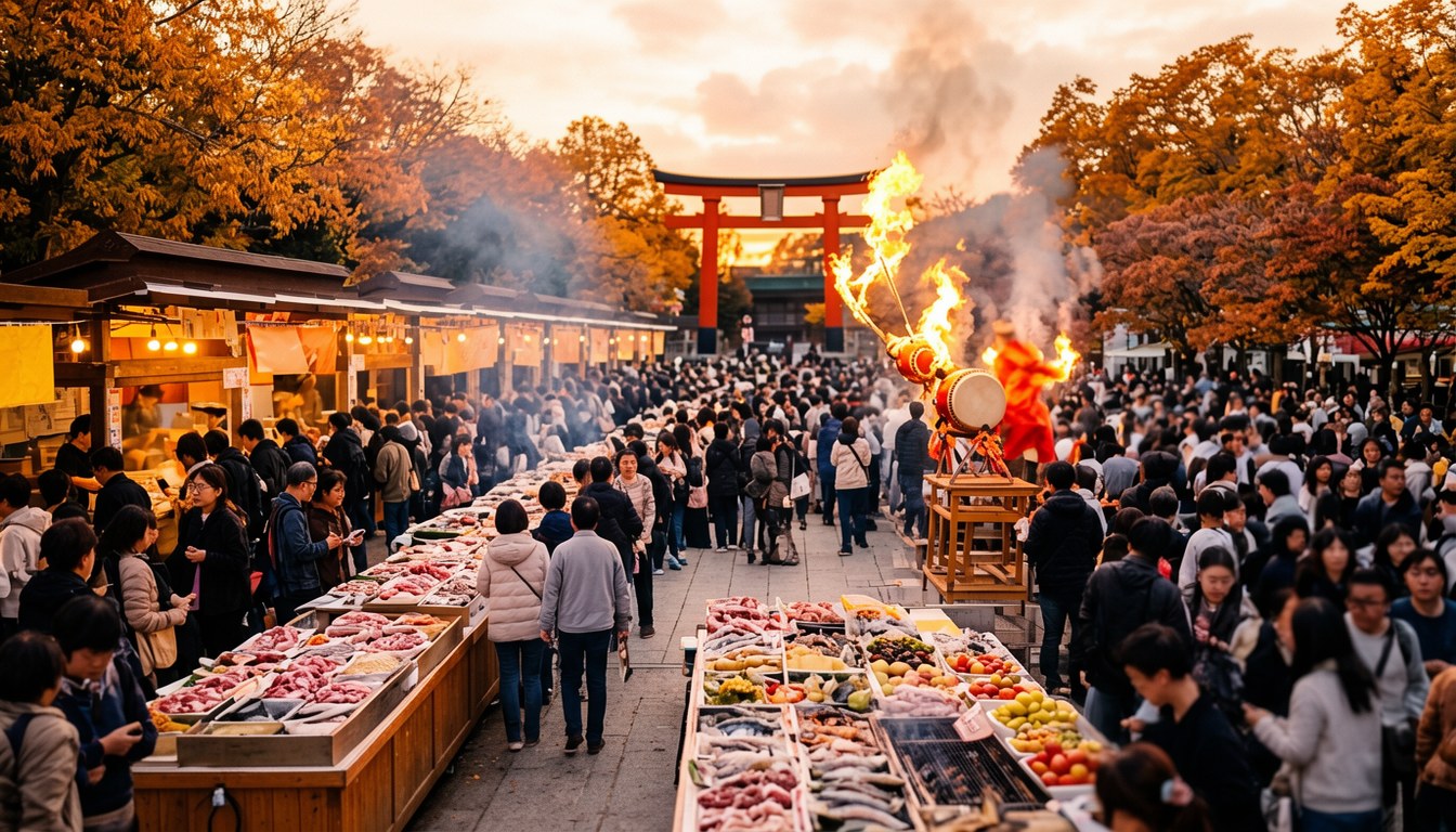 出雲だんだん広場夜晚嘅大型戶外美食市集，攤位燈火通明，人頭涌動