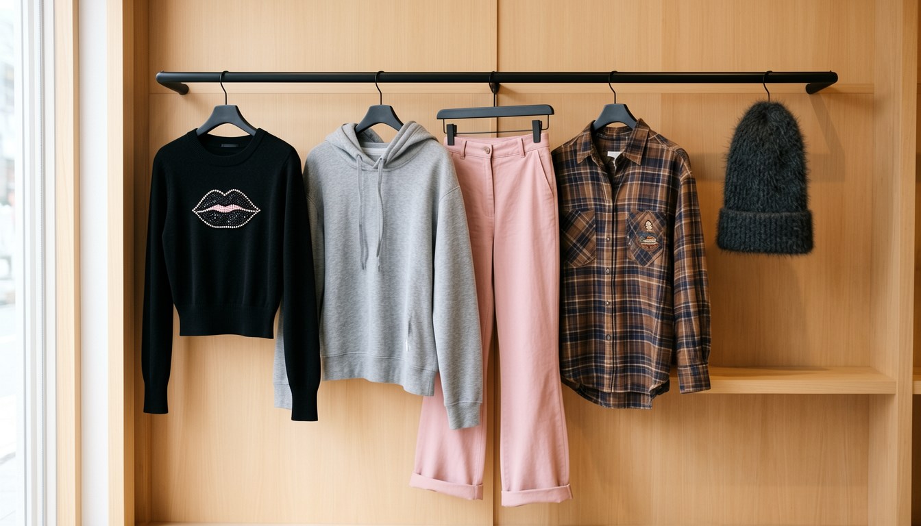 EVRIS × The Rolling Stones 別注系列五款商品：緊致長T、連帽衫、喇叭褲、格紋襯衫、刺繡冷帽，平鋪展示