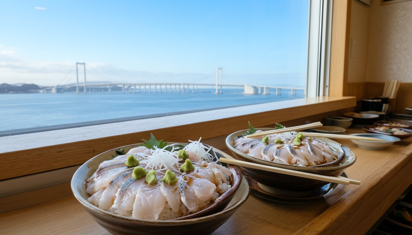日本海濱食肆,顧客正享用生白鯽海鮮丼,窗户外係明石海峽大橋