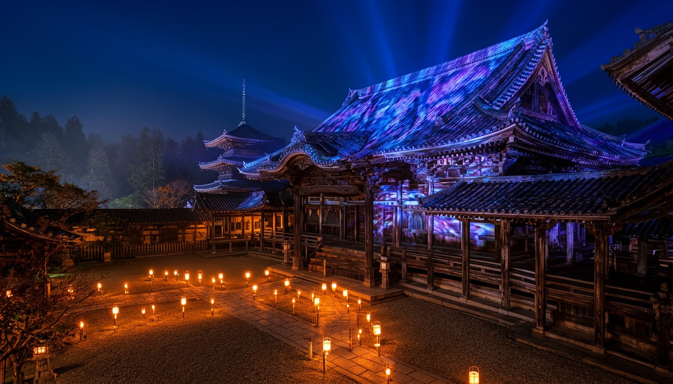 夜晚嘅寺院山門前排列竹燈籠,寺廟建築嘅牆面有投影映射圖案,營造夢幻光影效果。