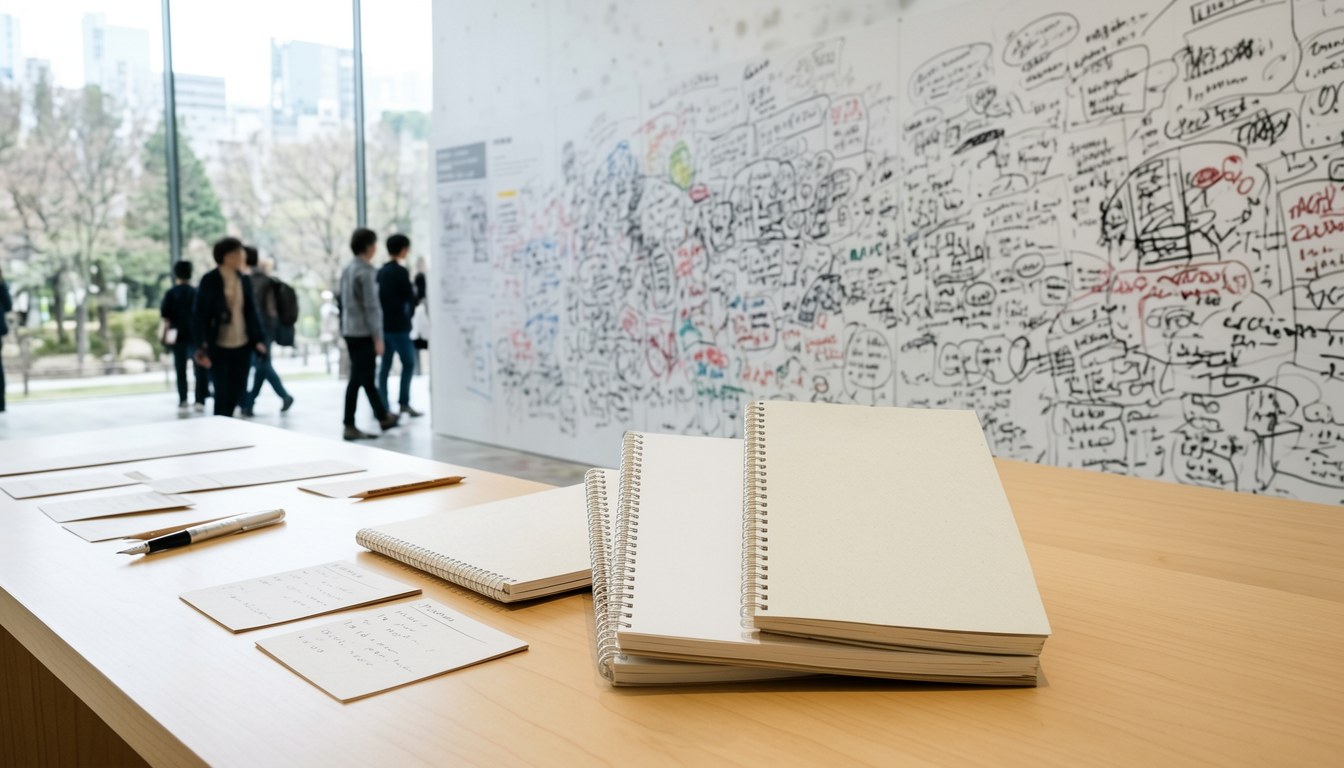 代官山T-SITE GARDEN GALLERY 展覽空間,牆上展示筆記本產品同訪客填寫嘅卡片