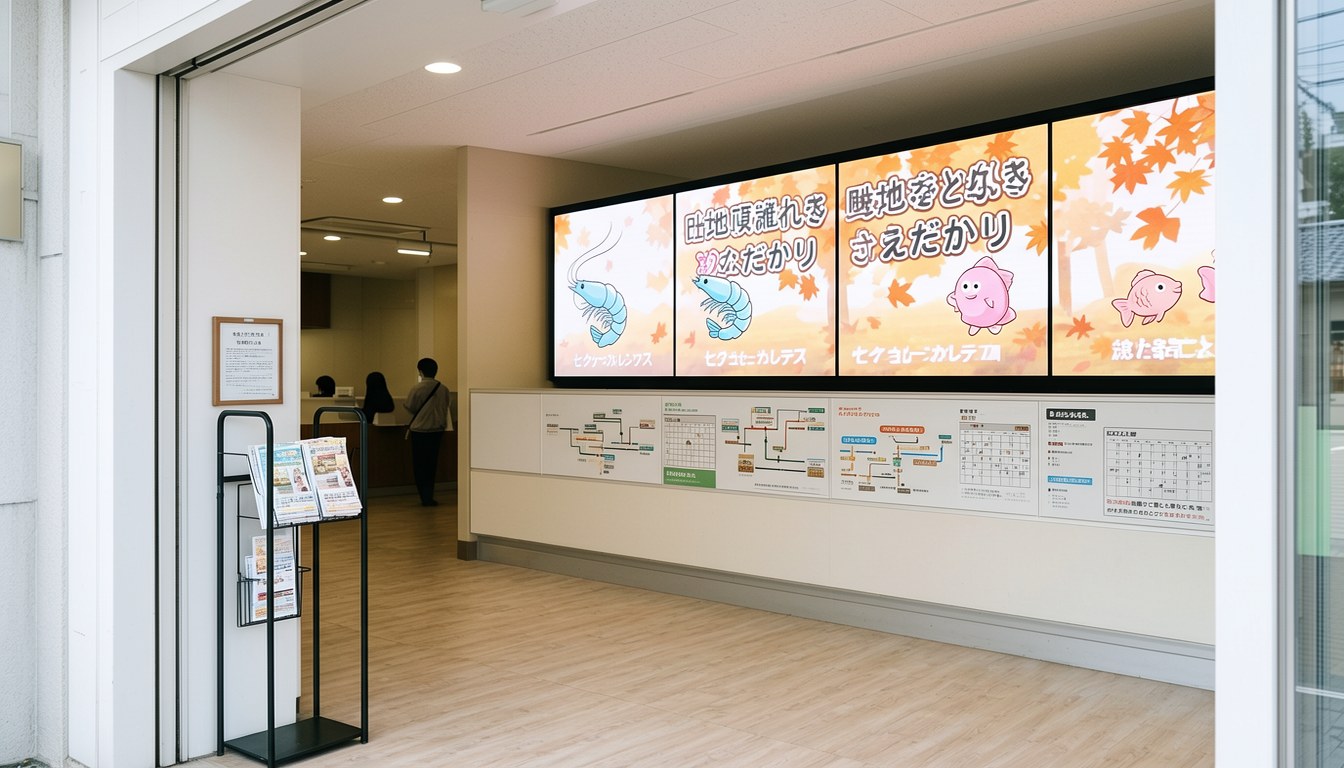 射水市「道的站marugoto射水」嘅館內，遊客喺多媒體顯示屏前參加秋日解謎活動。