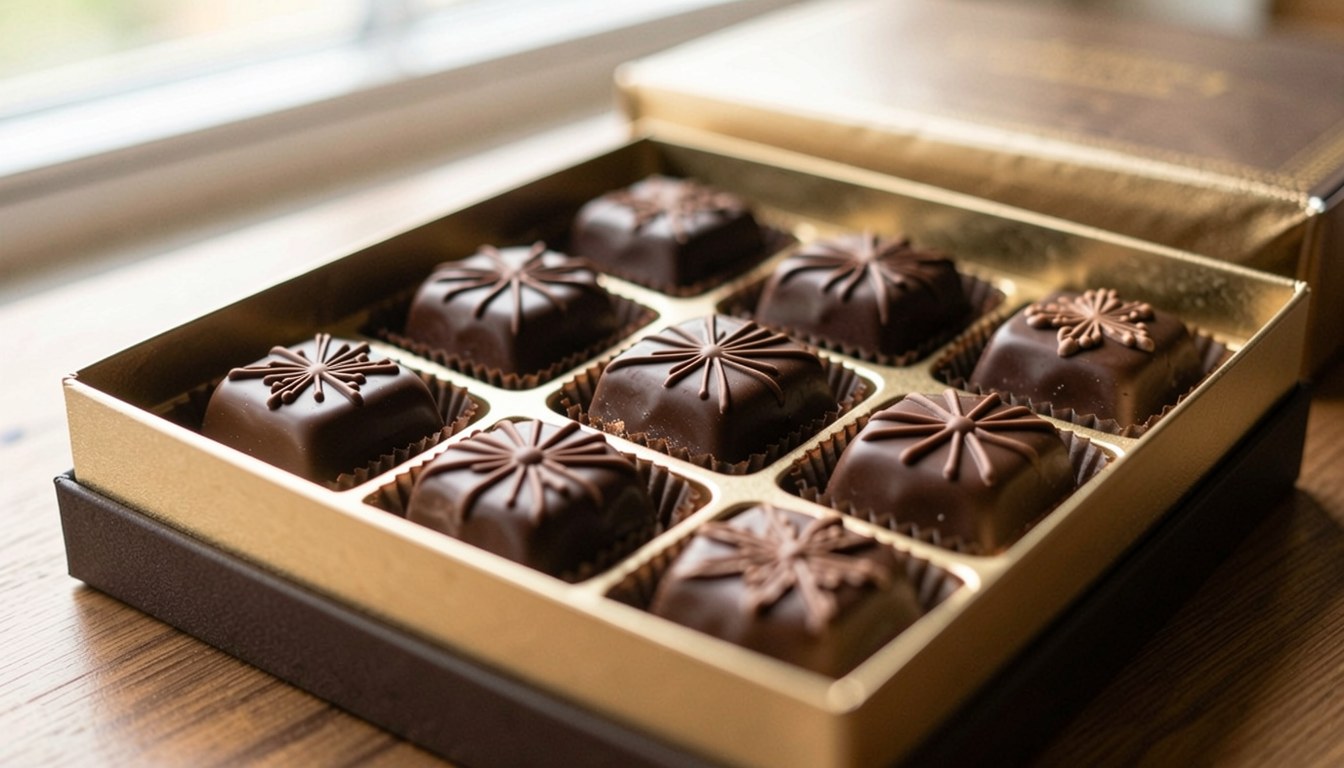 精美的巧克力，每一粒上面都貼有藝術圖案，擺喺禮盒入面，寫實新聞攝影風格。