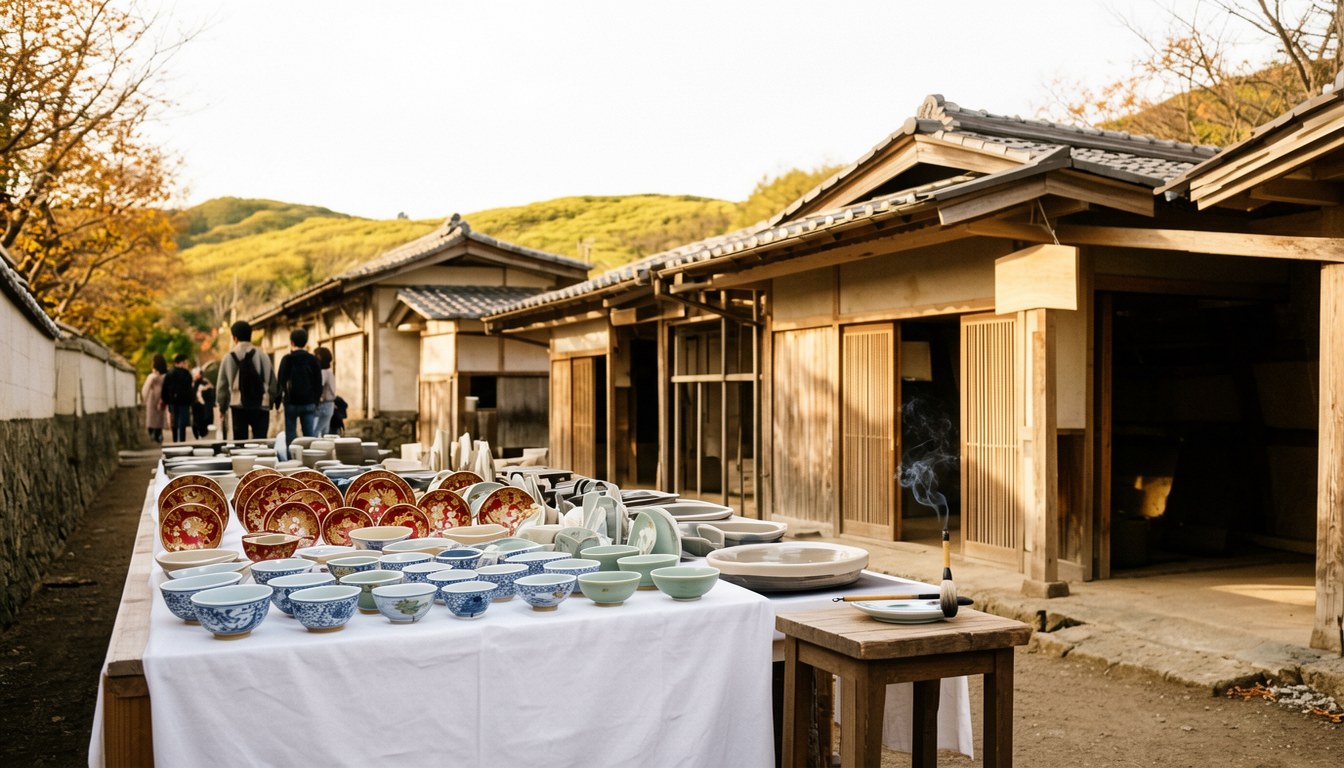 木架上展示嘅伊萬里鍋島焼瓷器，藍色花卉紋樣