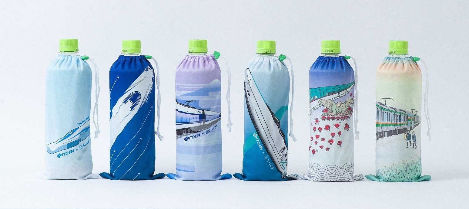 伊藤園×OJICO 新幹線／電車設計 pet bottle cover 全6款：新幹線オールスター、N700Sのぞみ、371系あさぎり、ALFA-Ｘ、E5系はやぶさ、東海道線E233系（左至右）