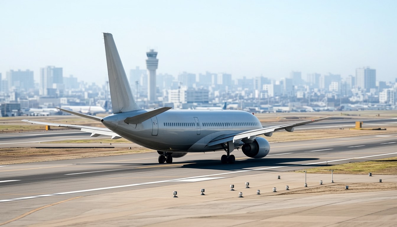 一架低價航空客機由日本機場起飛,背景為朝霧。