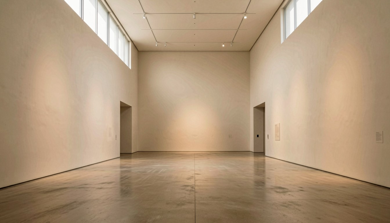 現代美術館嘅展示空間，柔和燈光，畫面無人、無文字