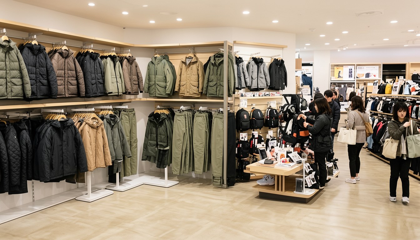 Zein Arts 神戶三宮店新設嘅 Rab 戶外裝備專角，陳列羽絨服飾及各式背包。