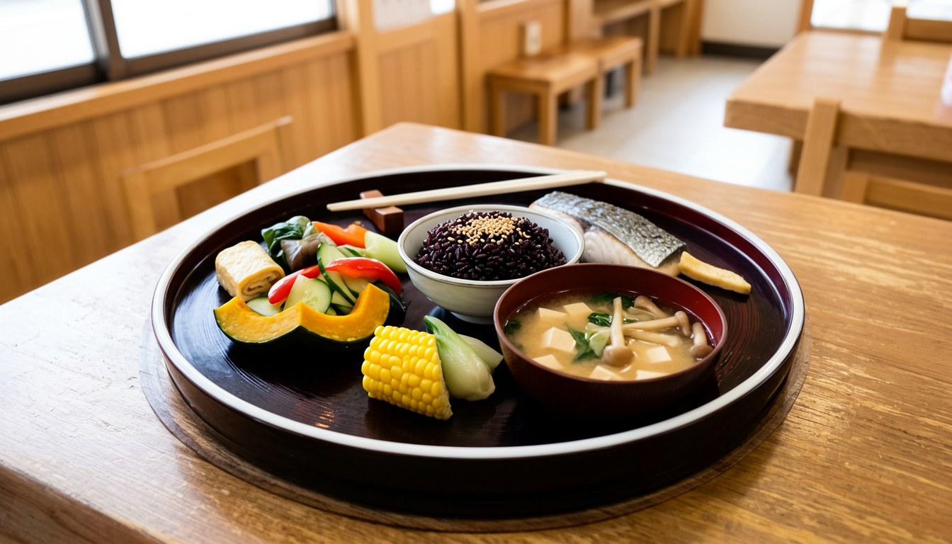 發酵玄米手波飯,木製飯盒擺喺原木長枱,後景日式窗格