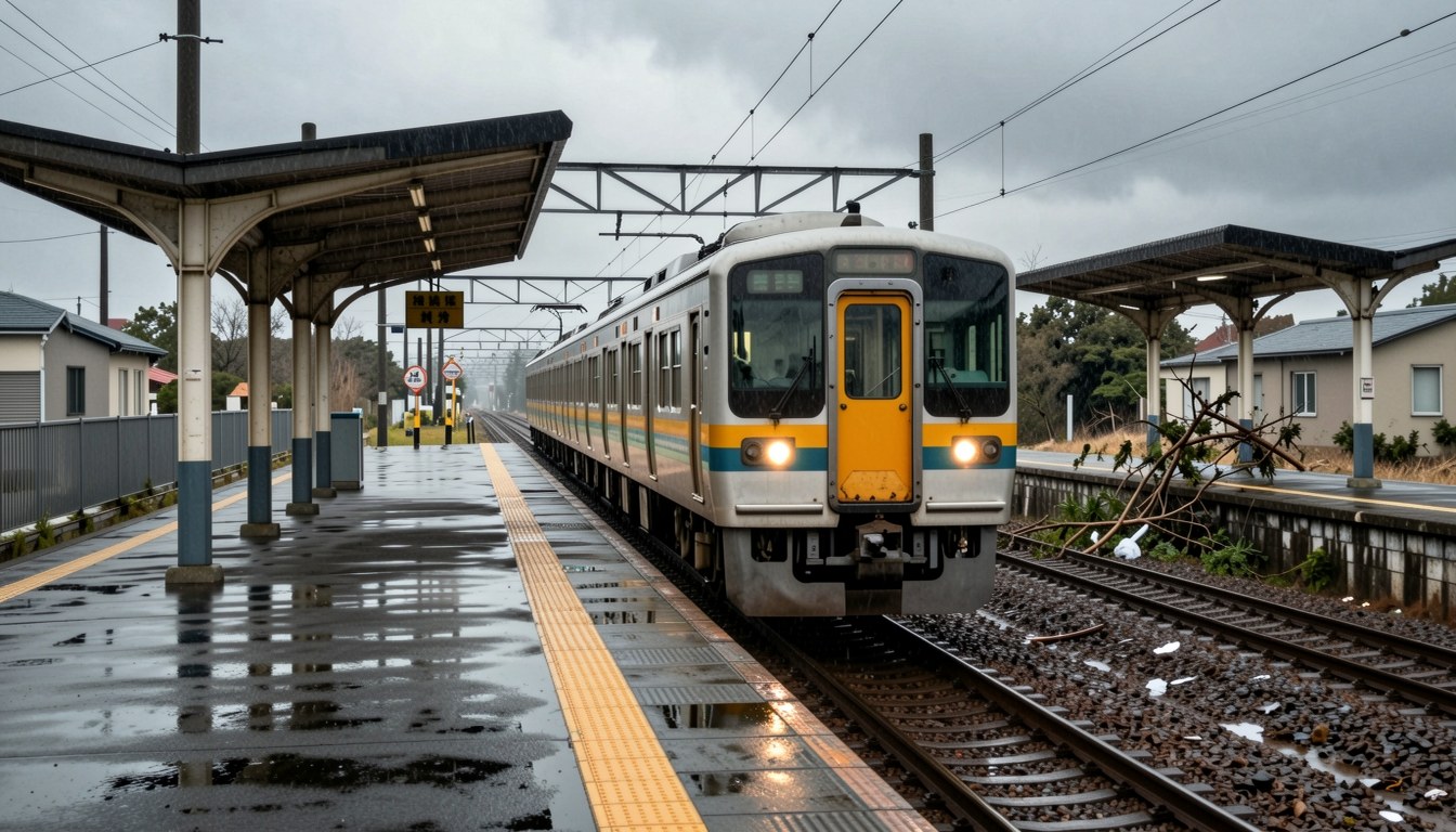 颱風過後嘅千葉車站月台，一列電車停喺軌道上，天色灰沉、月台濕滑，無人，無文字同商標。