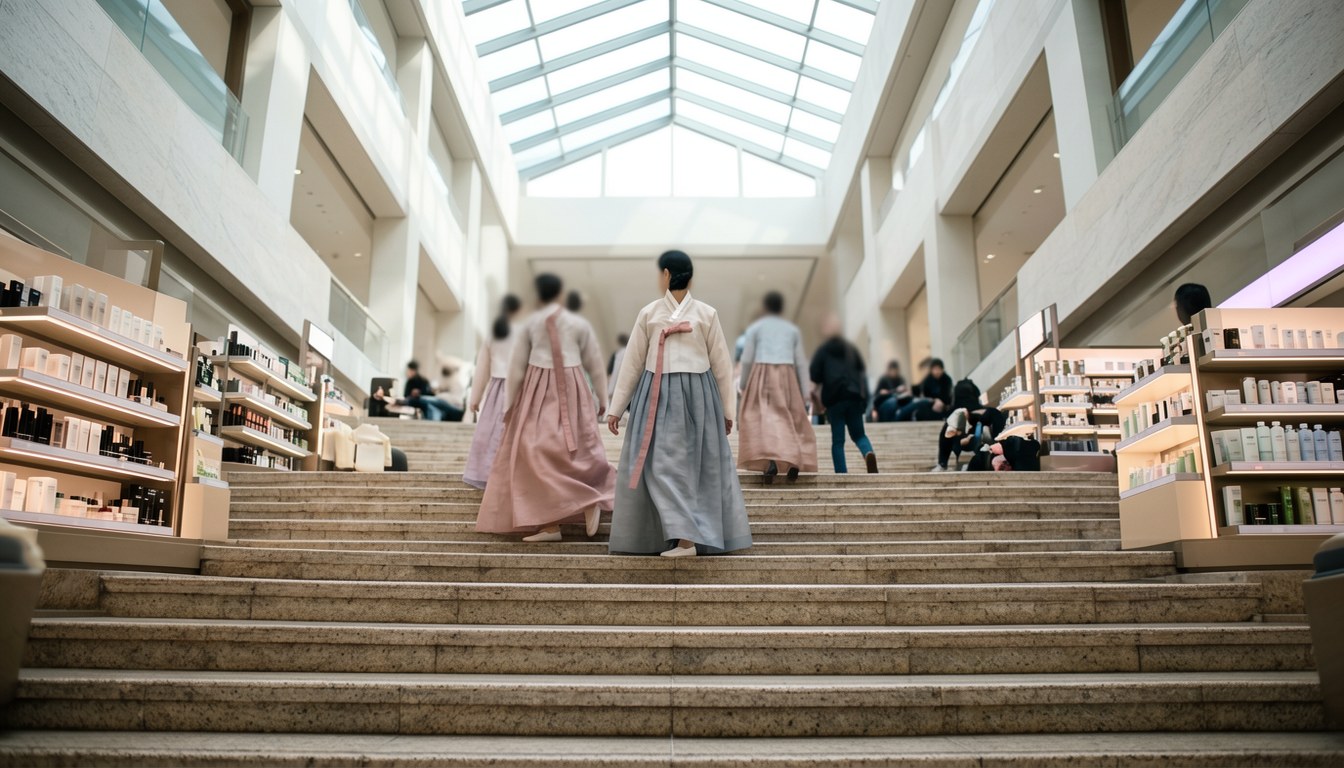 東京表參道之丘舉行嘅KDAY活動現場，大樓梯同展示空間前有韓系品牌攤位同參觀者（示意圖）