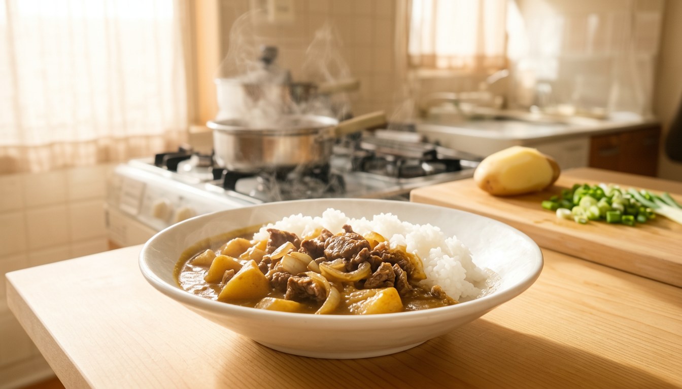 三款「家族の絆めし」食譜：土豆咖喱、蛋飯同蔬菜炒飯，擺喺木枱上