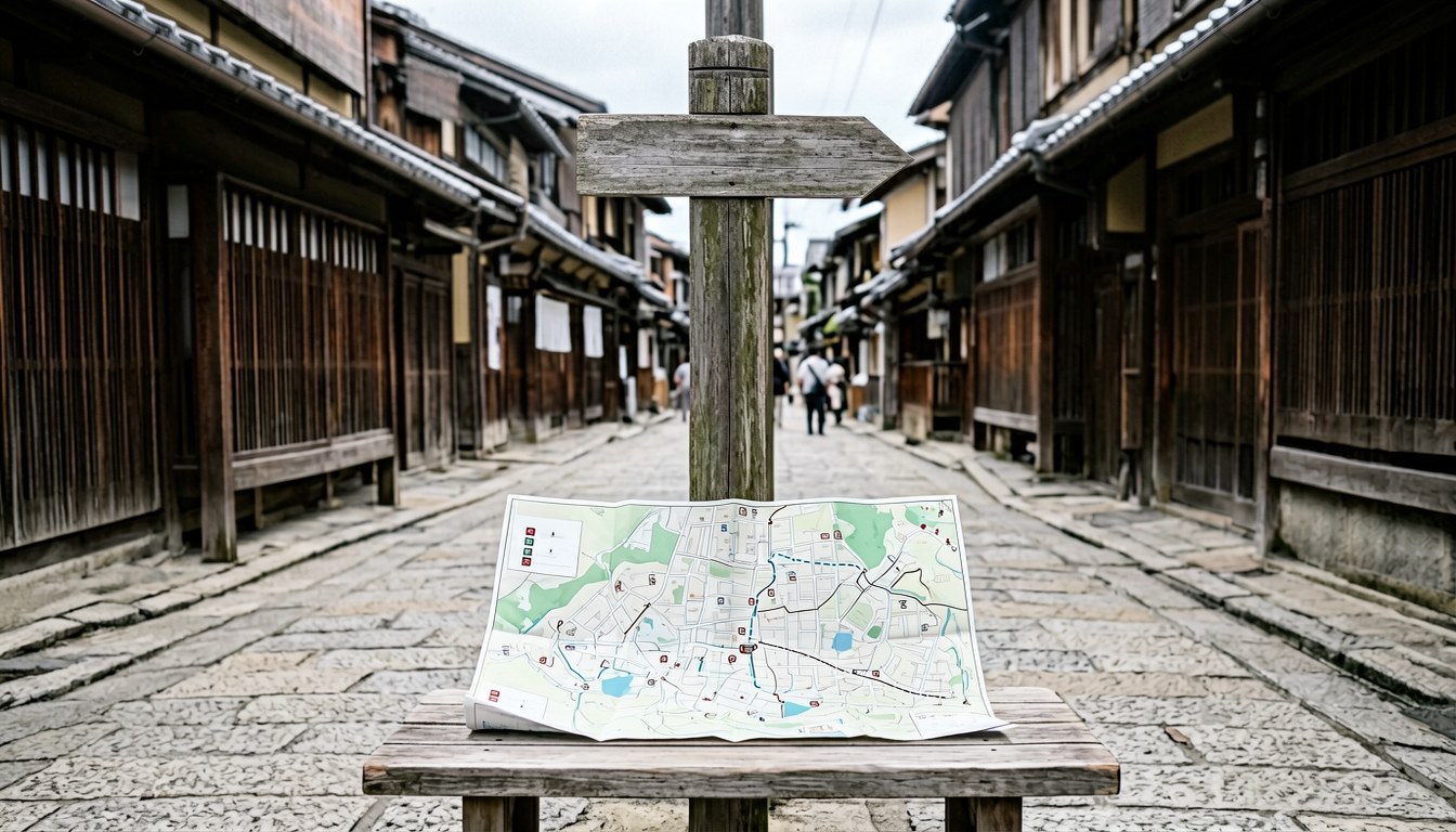 江戶時期風貌嘅日本街並保存地區，傳統木造町家同窄巷，行人沿路行