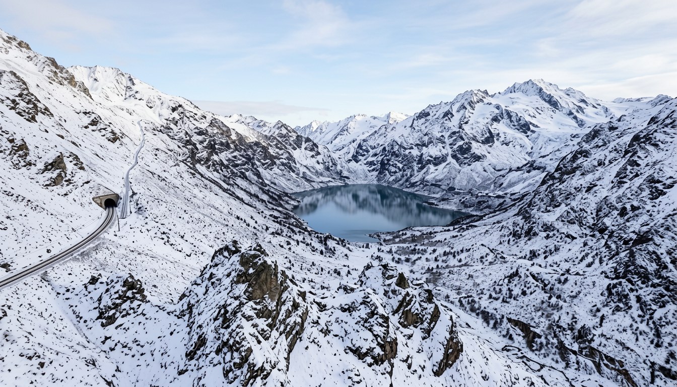立山黒部アルペンルート嘅高山路線橫越雪峰，新雪覆蓋，一列登山列車行於山徑