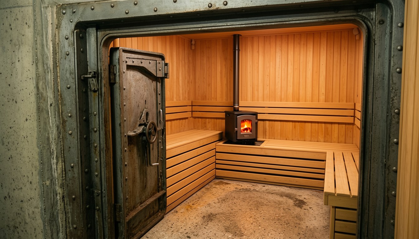飯坂溫泉舊銀行建築內部，金庫室改建為桑拿室，厚實混凝土牆與舊鐵門仍保留，並設深水水風呂