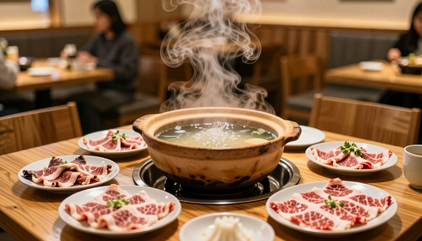 沖繩宮古島新開黒豚涮涮鍋專門店嘅店内同涮涮鍋（AI示意圖）