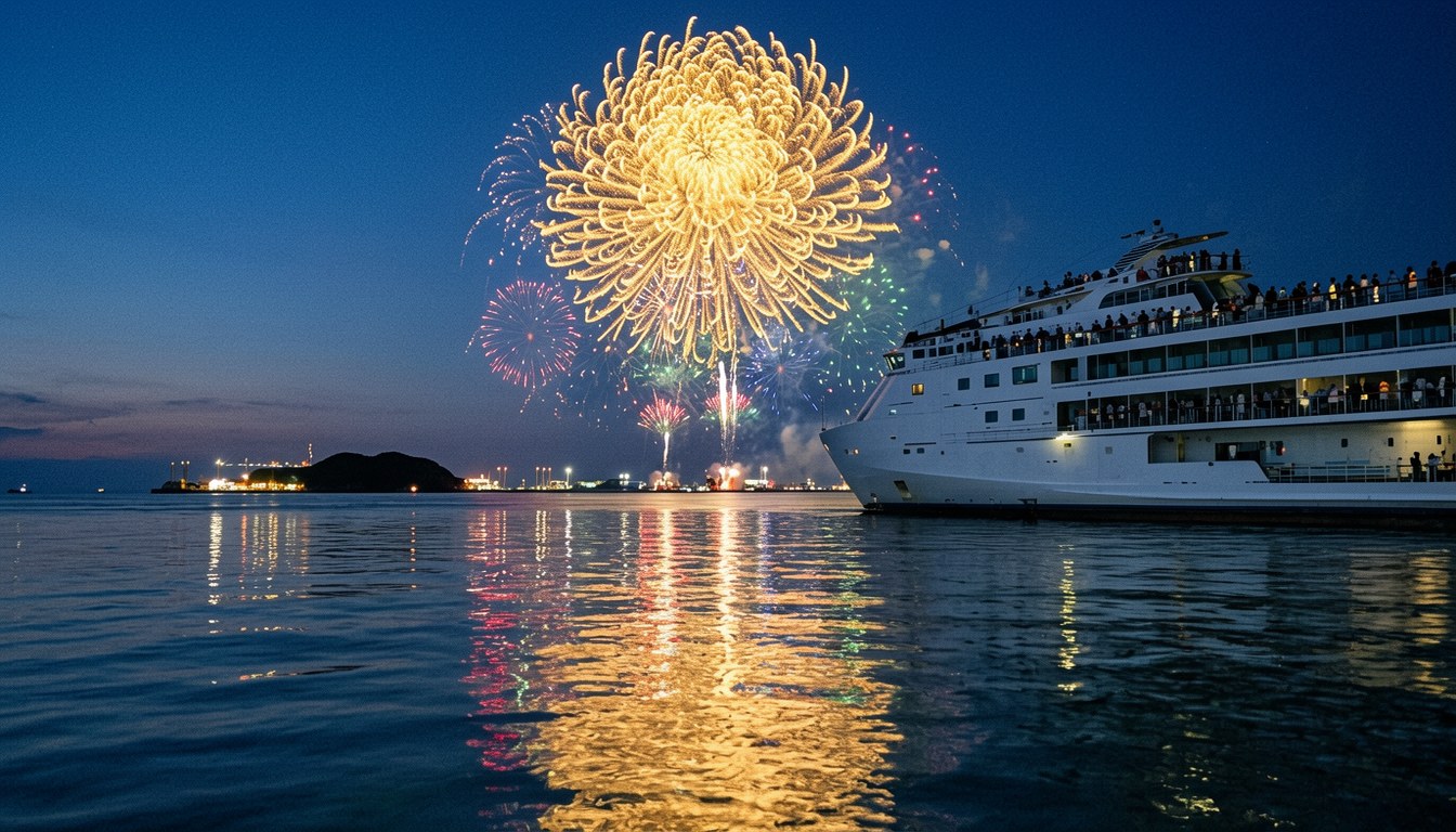 淡路島津名港海域上空嘅煙花，從海面倒影可見；此為「日本丸」觀艦遊覽期間嘅示意畫面