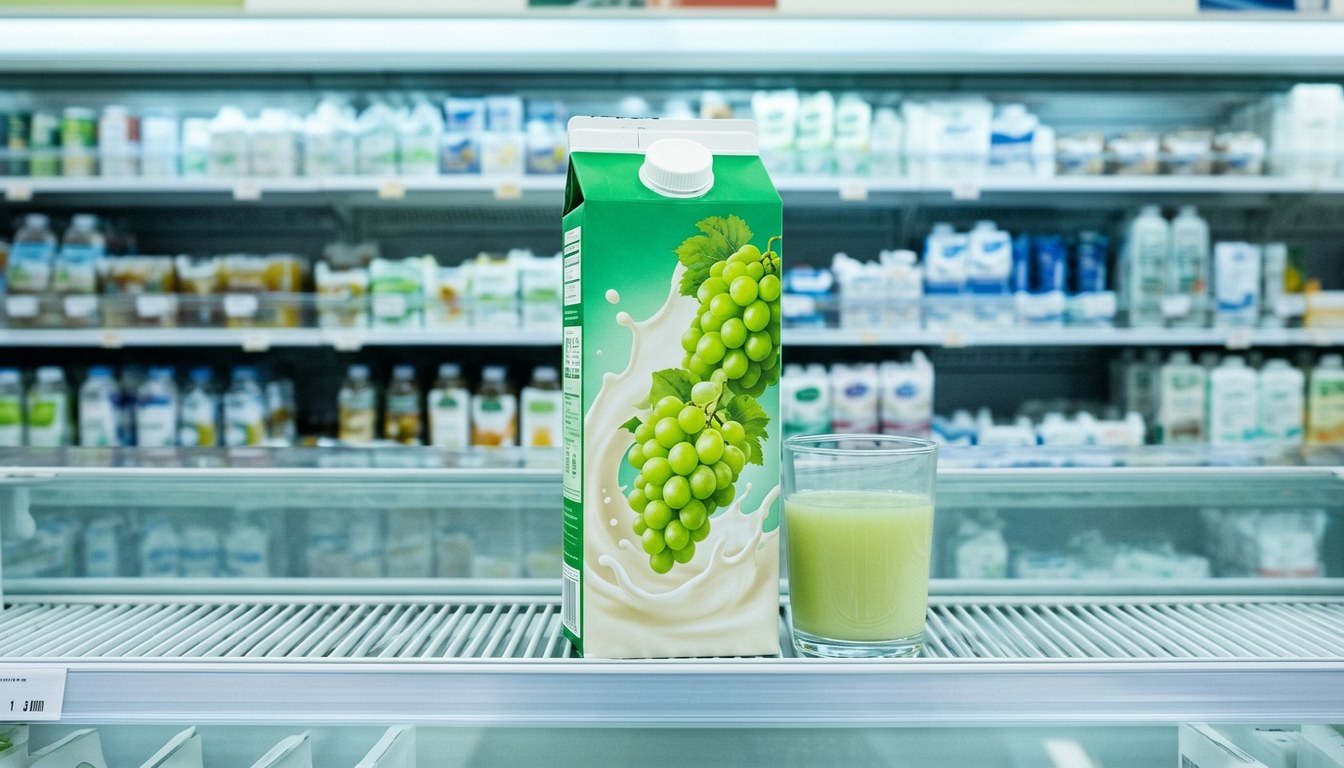 日本便利店冷櫃內嘅兩款優格產品：一款麝香葡萄味優格飲品同一款士多梨味雪糕，畫面唔含任何文字商標