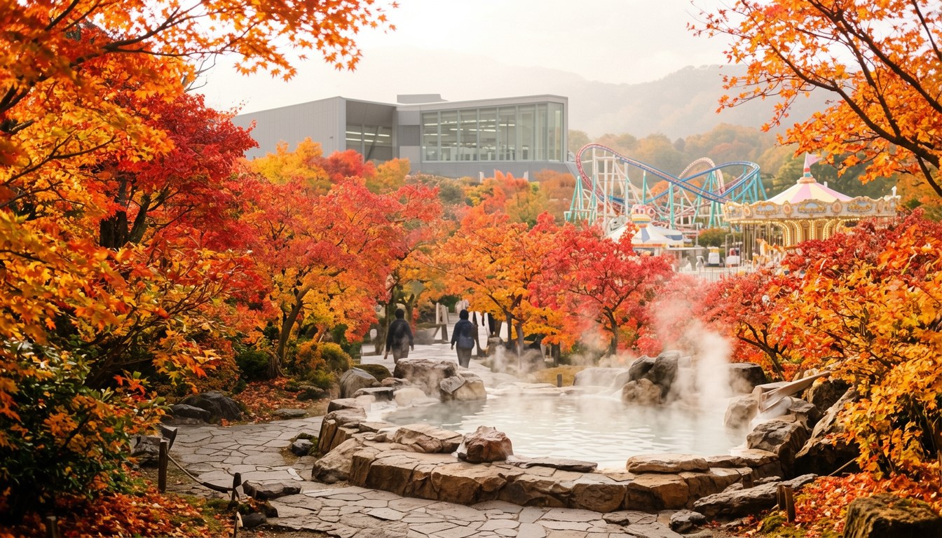 日本遊樂園喺10月紅葉時節，背景有摩天輪同博物館，四周係紅葉，唔見人物、文字或商標。