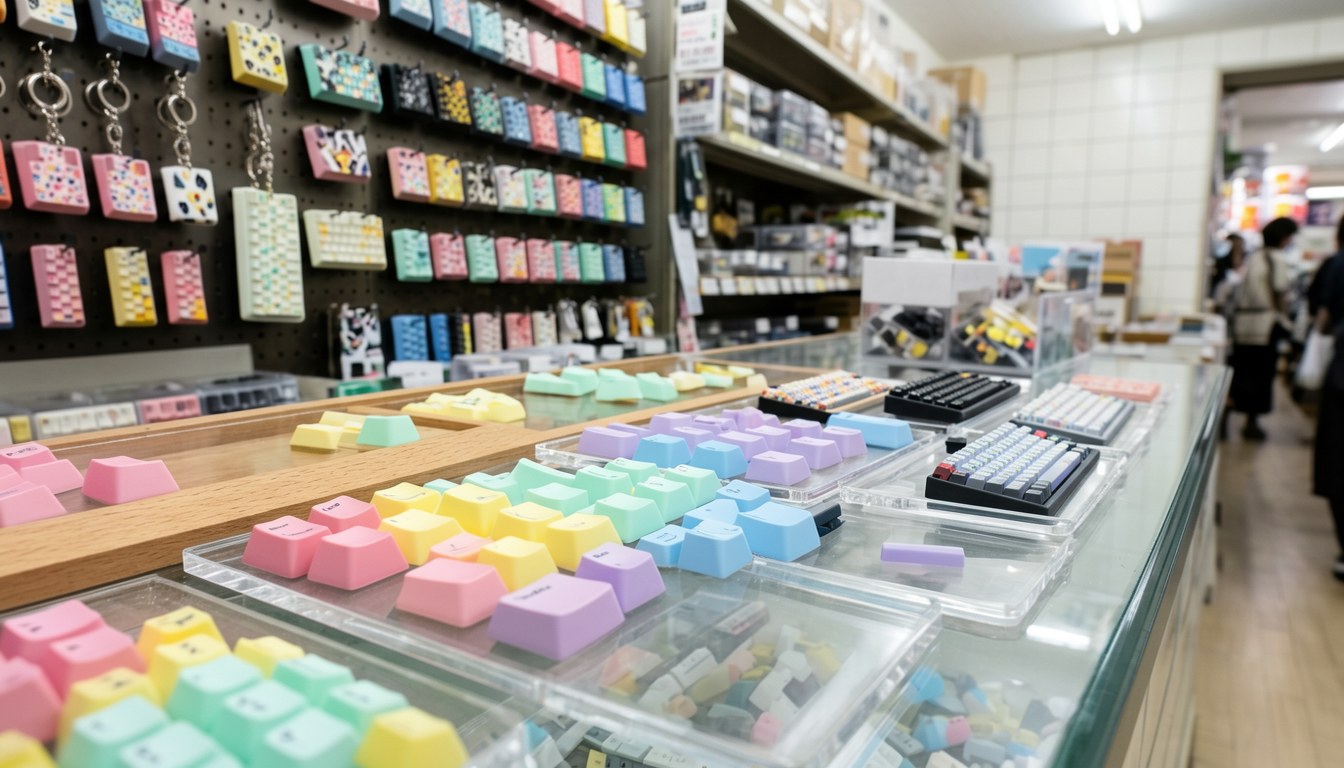 「らぶLab」原宿店內景，顧客喺櫃檯揀keycap同Charm做DIY鍵盤掛件，背景係貨架同體驗區