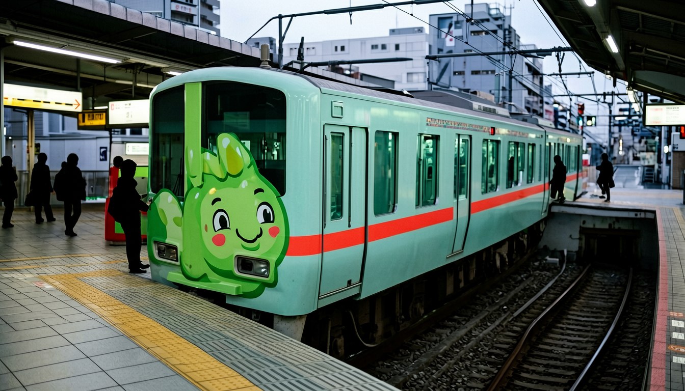 西鐵天神大牟田線5000形聯名列車，車頭貼有受験生応援主題面裝，行駛喺福岡街道。