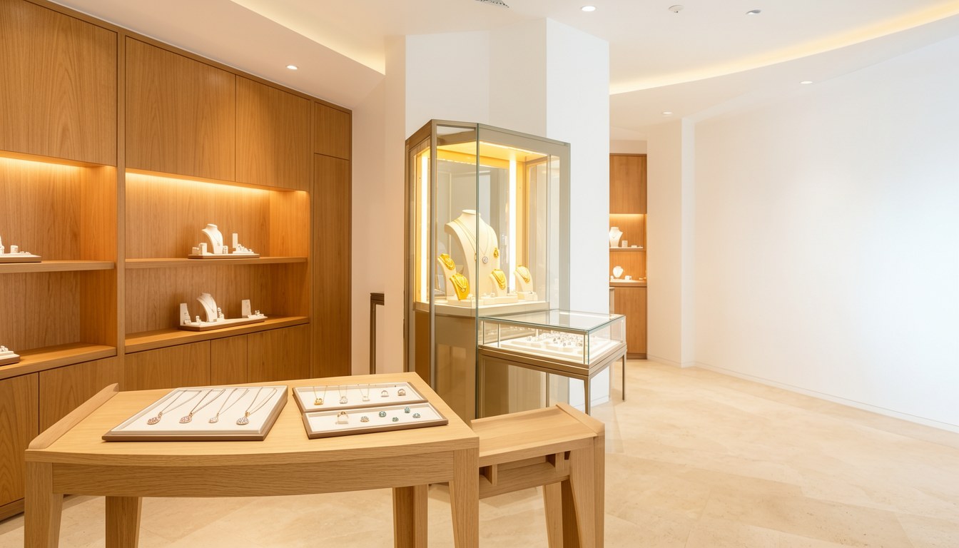 珠寶店展示櫃內嘅頸鏈同手鏈，柔和自然光，無文字商標