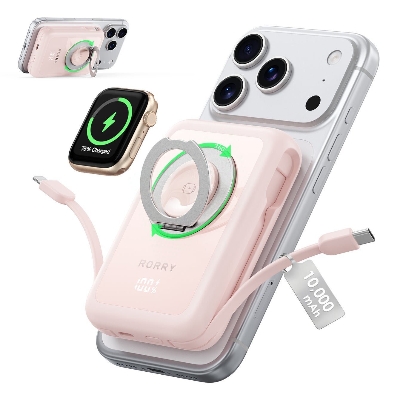 RORRY MagAir 行動電源（粉色）產品照，展示 MagSafe 磁吸同內置充電線設計