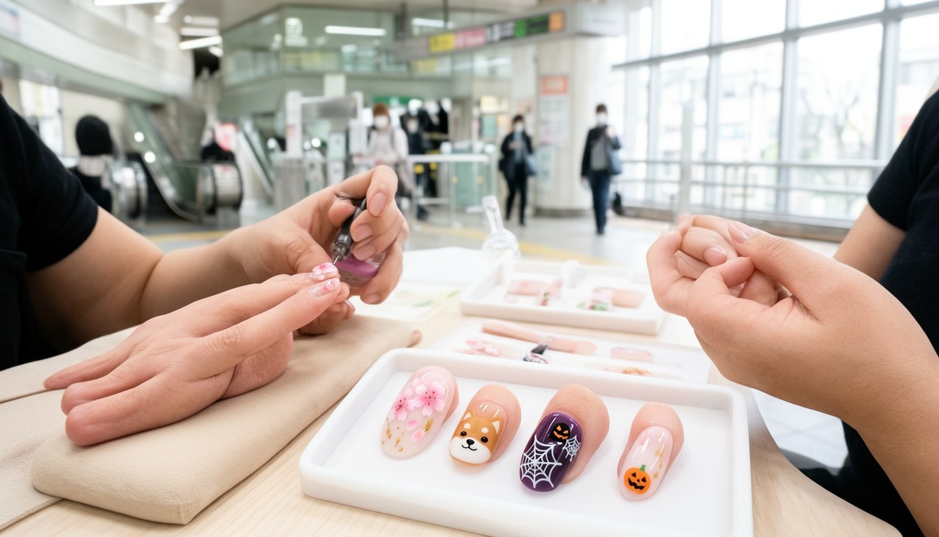 渋谷駅地下1階 WANDER COMPASS SHIBUYA 內嘅美甲體驗角落，有美甲椅及設計展示桌