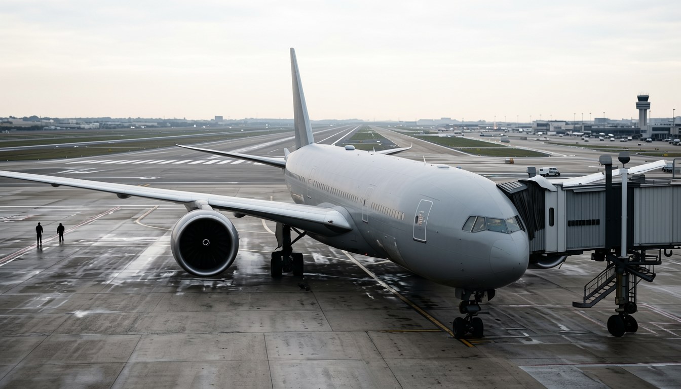 空客 A330-200 停喺機場停機坪，地面職員附近作業