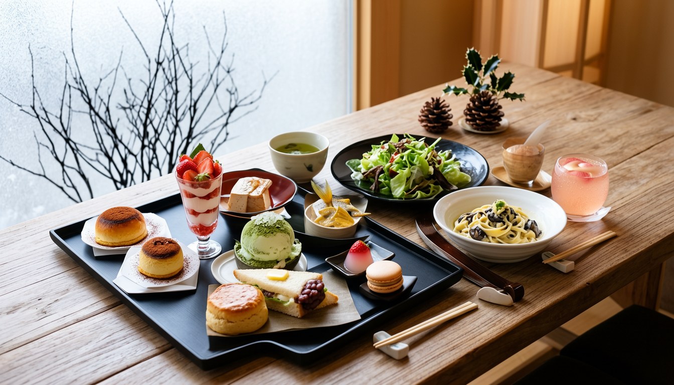 和風聖誕下午茶擺設:酒粕司康、草莓百菲同烤番薯巴斯克芝士