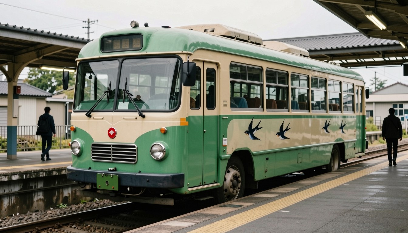 一輛復古國鐵配色巴士停喺日本車站旁，車頭「動輪」標誌，無文字及商標