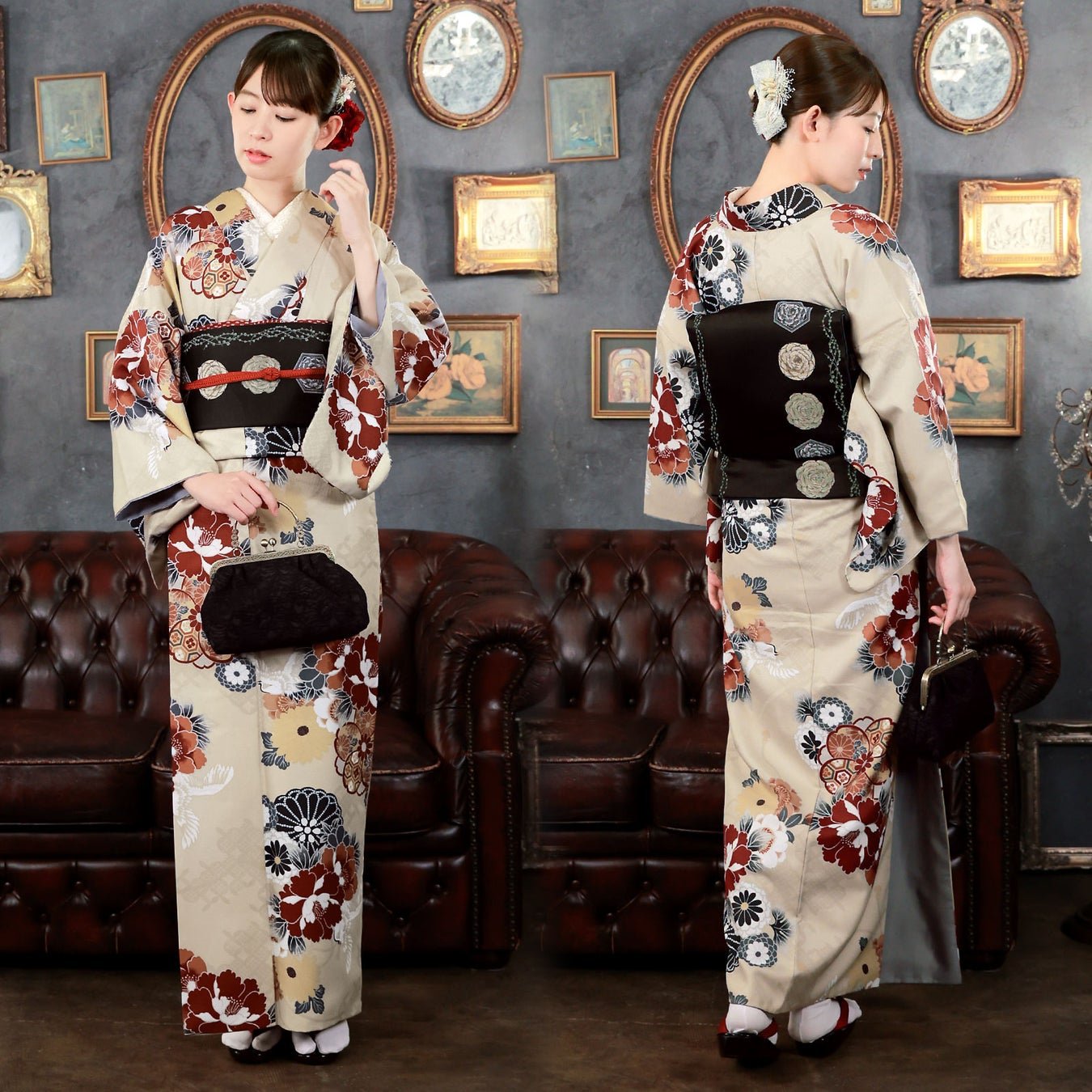 「01.鶴に花紋、ねじ桜 ベージュ」和服設計