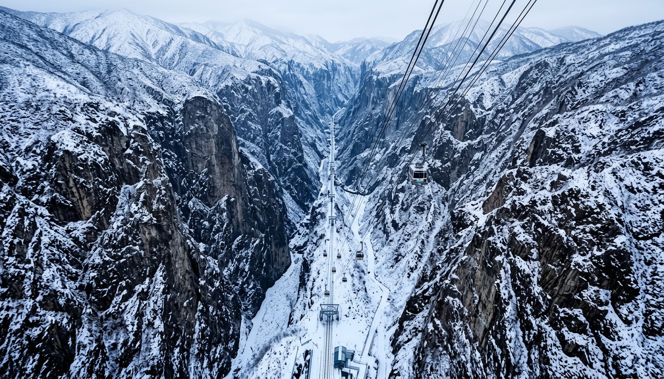 黑部峡谷铁路车厢行驶于峡谷间,初冬景色