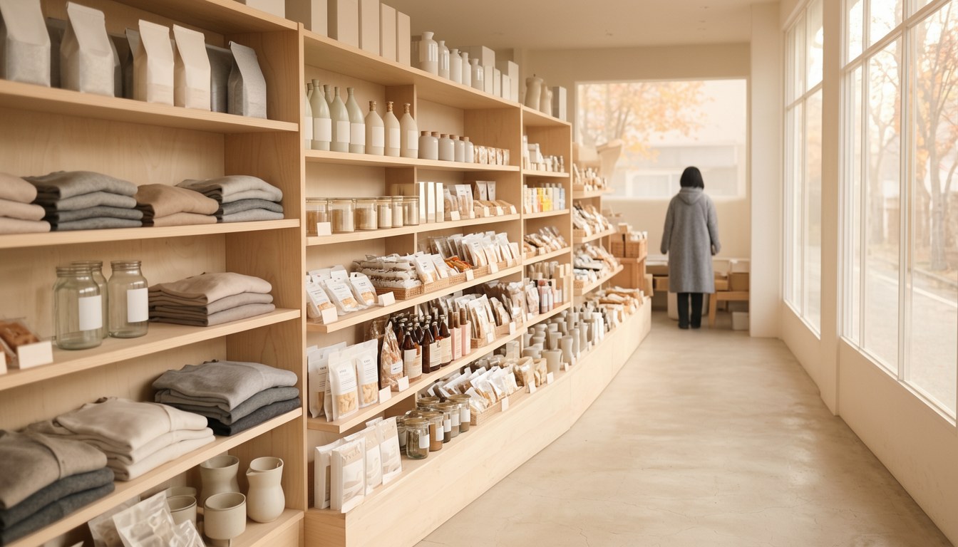 無印良品門市內,貨架上陳列著紙包裝商品同紅色折扣標籤